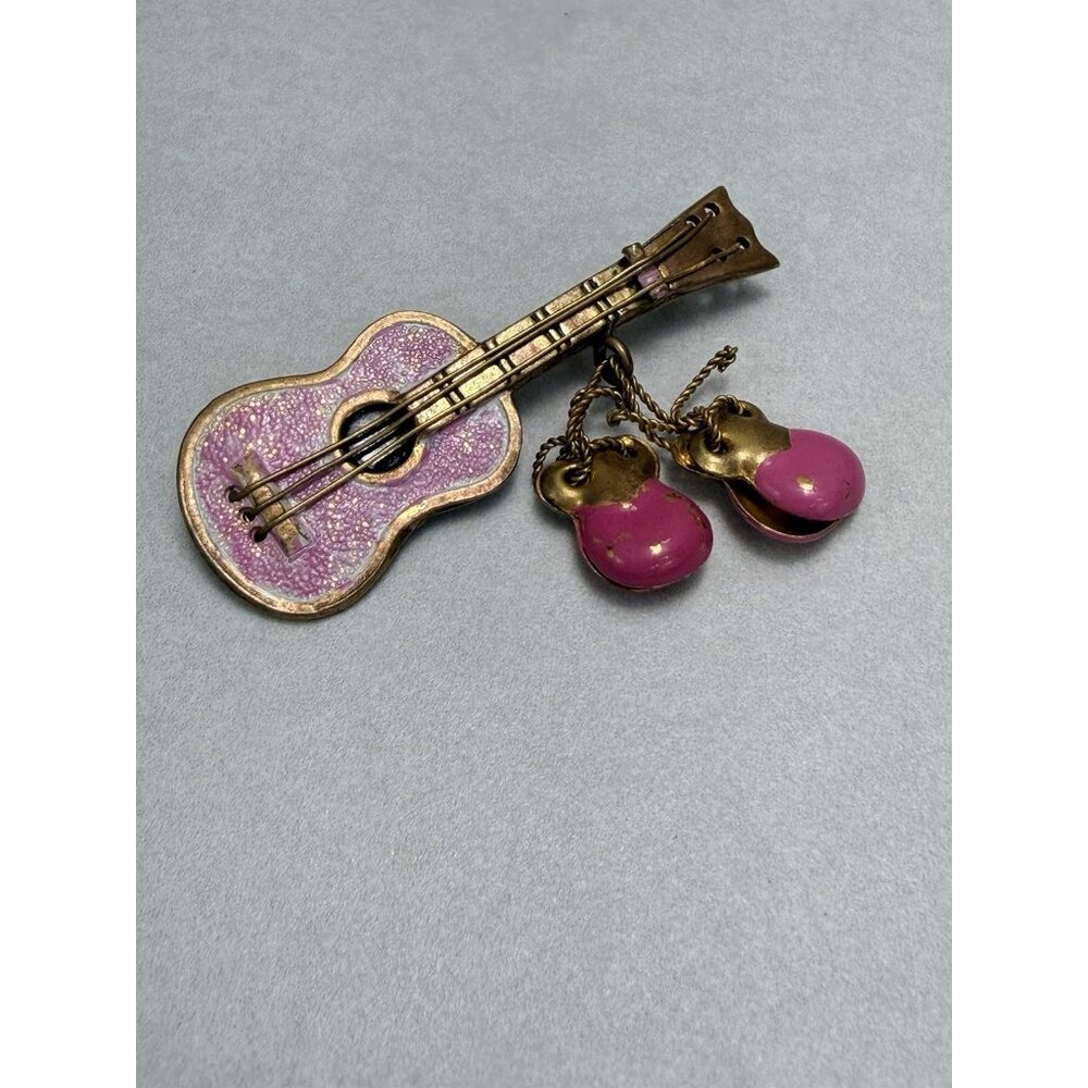 Vintage Gold Plated Guitar Brooch Type C With Pink Enamel Castanets Statement